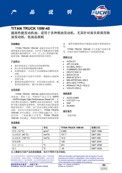 TITANTRUCK15W-40性能发动机油